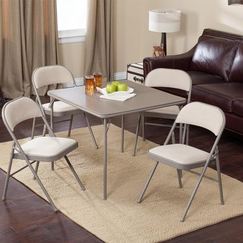 Sudden Comfort 5 Piece 34 x 34 Inch Square Folding Dining Card Table, Tan | with 4 Padded Folding Chairs Furniture Set for Gatherings and Games