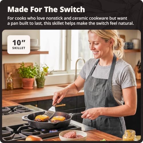 Greater Goods 10" Cast Iron Skillet, Smooth Surface, Nonstick-Like Release | Polished & Precision-Milled, 100% Organic Flaxseed Oil, No Synthetic Coating, Oven, Grill, Induction Ready, Pre-Seasoned