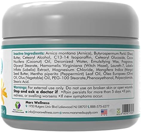 Mars Wellness MG+ Magnesium Cream Pain Relief - Extra Strength Magnesium and Arnica Cream - 4 OZ Tub - Neuropathy, Muscle Pain