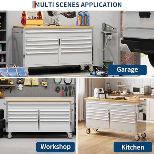 61 Inch Rolling Tool Chest, Garage Workbench with 9 Drawers, Solid Rubber Wood Top, Wheels Lock Key Locking System, Mobile Tool Cabinet Garage