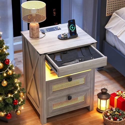 LED Night Stand with Gun Drawer & Charging Station | Human Sensor Lights, Hidden Storage, Farmhouse Rattan Style, 3 Drawers, Bedside Table for Bedroom, End Tables Livingroom