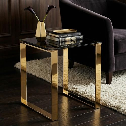 Cortesi Home CH-ET636045 Remini End Table, Gold Metal and Black Glass, End Table 18"