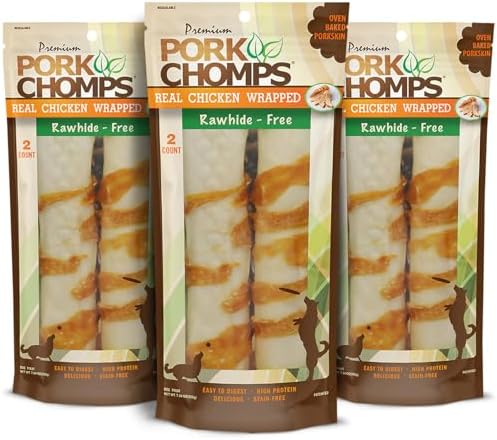 Pork Chomps Rawhide Free Pork Skin Dog Chews, Chicken Wrap, 8in Rolls, 2ct