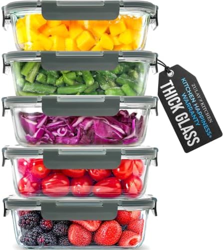 Zulay Kitchen 5 Piece Large 36oz Glass Storage Container Sets with Lids - Premium BPA Free Borosilicate Glass Food Storage Containers - Leak-Proof