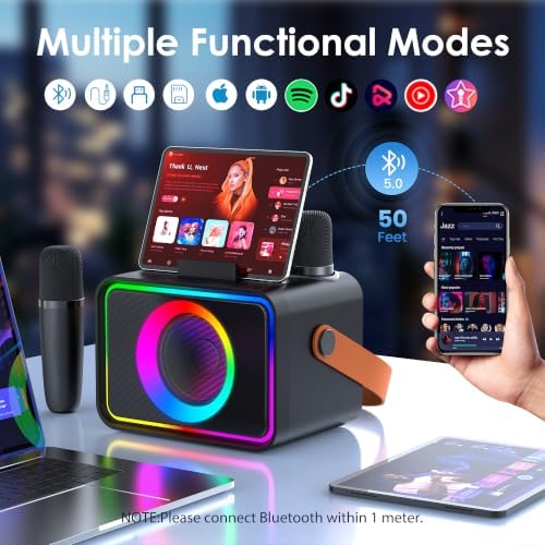Karaoke Machine for Kids Adults,Portable Bluetooth Speaker with 2 Wireless Microphone with LED Lights, Karaoke Microphone with PA System Supports USB/TF/AUX,Gift for Party (Black)