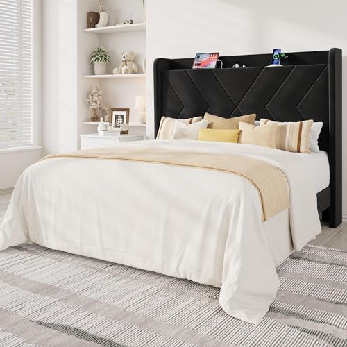 Allewie Full Size Platform Bed Frame with Charging Station and Storage Shelf/Upholstered Velvet Wingback Headboard/Wooden Slats Support/No Box Spring Needed/Easy Assembly, White