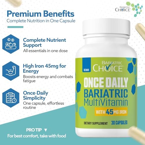 Bariatric Choice Once Daily Bariatric Multivitamin with Iron 45mg, 1 Month | 1-Mo Supply, Once Daily Easy-to-Swallow Capsule for Gastric Bypass & Sleeve Patients – High Potency Vitamins A, D, B12, More