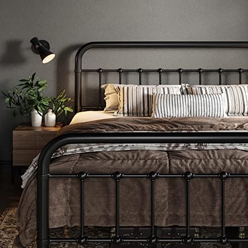 Allewie Queen Metal Bed Frame with Victorian Iron-Art Headboard, Black | Victorian Style Wrought Iron-Art Headboard/Footboard, Easy Assembly