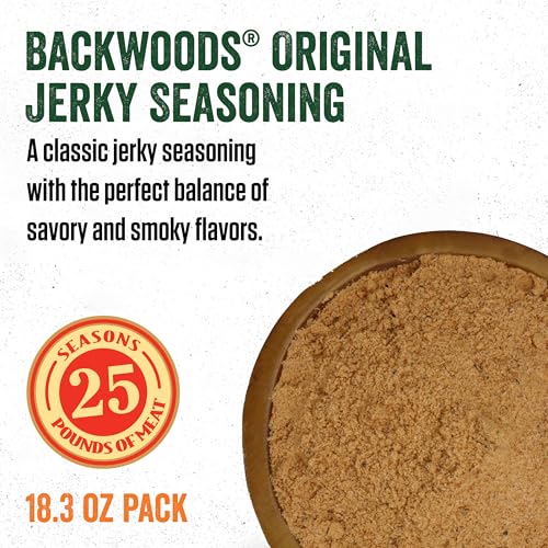 LEM Products Backwoods Original Jerky Seasoning, Ideal for Wild Game and Domestic Meat, Seasons Up to 25 Pounds of Meat, 18.3 Ounce Packet with Pre-Measured Cure Packet Included