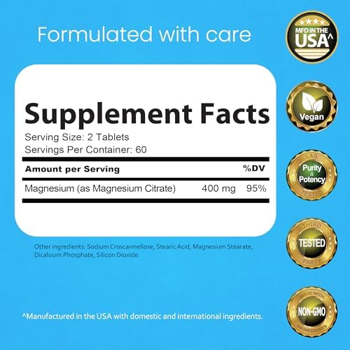 NaturaLife Labs Magnesium Citrate 400 mg per Serving – 120 Tablets, Vegan, Non-GMO