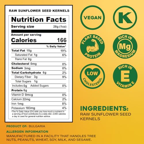 Sunbest Natural Raw Sunflower Seeds, 2 lbs – Unsalted & No Shell – Sunflower Seed Kernels to Eat – For Snacking, Baking & Topping – Road Trip, After School Snack for Kids & Adults – Kosher (32 oz)