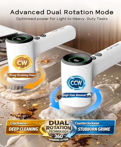 PUFTEM Shower Scrubber, Electric Spin Scrubber for Bathroom Cleaning – Cordless Shower Cleaner Brush with 6 Brush Heads, Dual-Direction Rotation