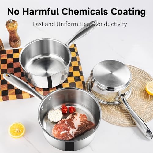 SLOTTET 1Qt & 2Qt Stainless Steel Sauce Pan Set with Lid,4 Pcs Non Stick Saucepan,Small Kitchen Pots,Induction Compatible,PFOA FREE