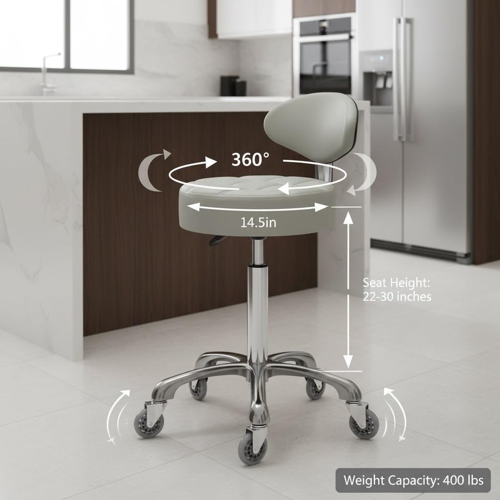 Kaleurrier Rolling Stool with Back Rest: Swivel Chair Adjustable Height