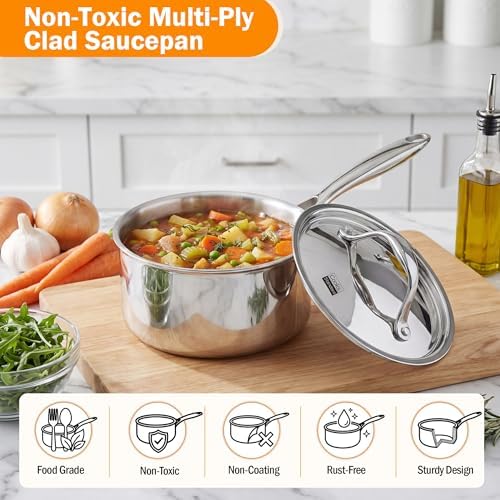 Cooks Standard Multi-Ply Clad 1.5 Quart Stainless Steel Saucepan with Lid, Small Kitchen Induction Cooking Sauce Pot Pan, Dishwasher & Oven Safe, Compatible with All Cooktops