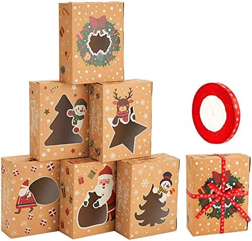 CCINEE Christmas Cookie Boxes,Kraft Treat Box with Window Ribbons for Bakery Candy Gift Giving Supplies,Pack of 12