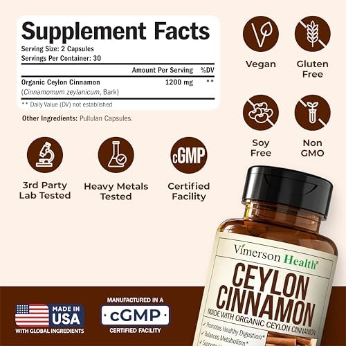 Organic Ceylon Cinnamon Capsules - Ceylon True Cinnamon Supplements (Canela de Ceylan) for Inflammation Balance, Cognitive Function, Metabolic