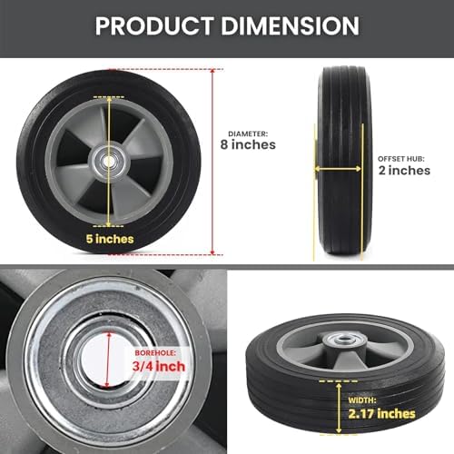 AR-PRO 2-Pack 8" x 2" Solid Run-Flat Replacement Tire with 5/8" Axle & 2" Offset Hub for Hand Trucks Wheelbarrows Dollies Trolleys – Heavy-Duty