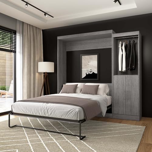 Bestar Nebula Queen Murphy Bed with Closet Organizer with Doors (90W) in Bark Gray, Sleeping Arrangement and Wardrobe for Multipurpose Room