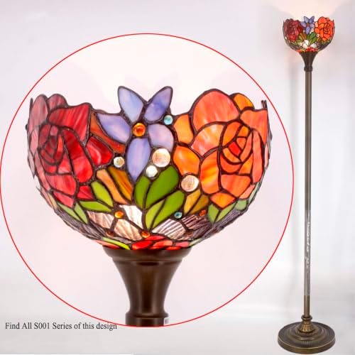 WERFACTORY Tiffany Floor Lamp Red Rose Flower Stained Glass Light Torchiere | 10X10X71 Inches Pole Standing Corner Torch Uplight Decor Bedroom