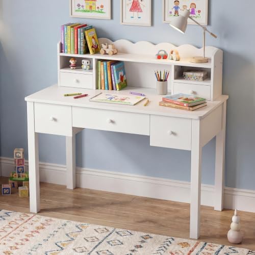 FUNKOCO Writing Desk with Hutch, 40" Small White Desk for Girls, 5 Drawers