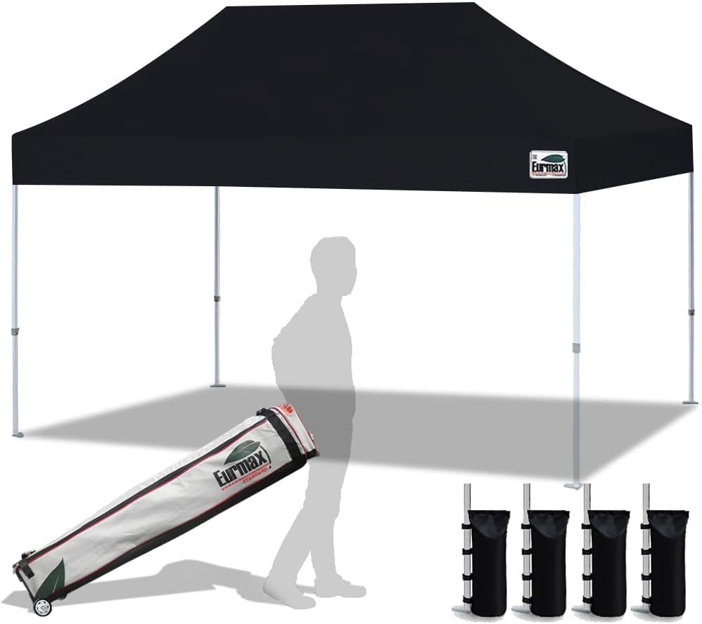 Eurmax USA 10x10ft Pop Up Canopy,Commercial Instant Tent for Outdoor Events,Patented No-Tip Rolling Storage Bag with 4 Sandbags,UV & Water Resistant,Heavy Duty Portable Shelter Gazebo,Black