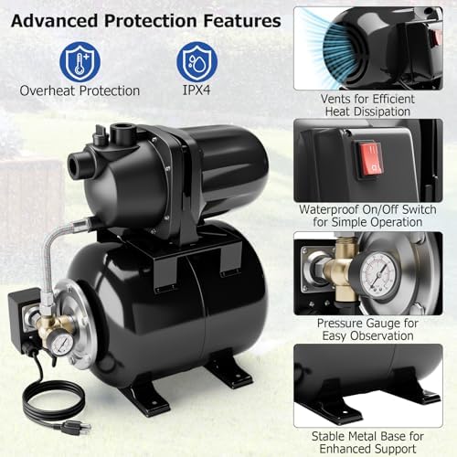 Happygrill 1.6 HP Shallow Well Pump with Pressure Tank (Black) | 1000 GPH 164 FT Garden Jet Pump Irrigation Sprinkler System Water Transfer Pump