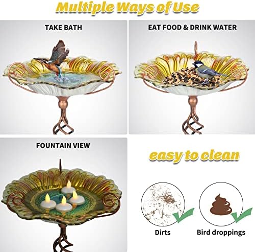 MUMTOP Bird Bath Outdoor, Glass Birdbath Bowl with Stake Garde Decor, Blue