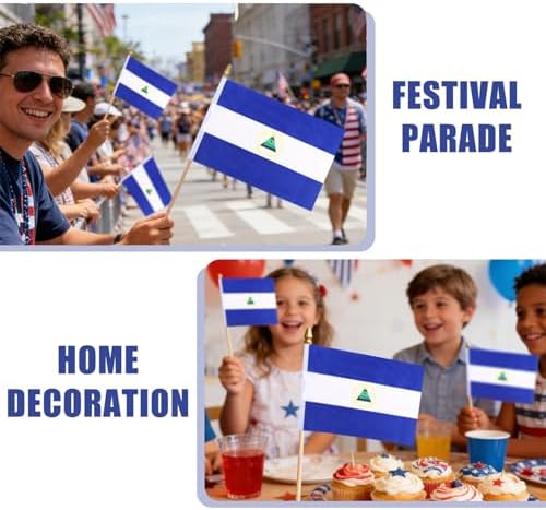 12 Pack Nicaragua Miniature Small Wooden Stick Flags Nicaraguans Mini Handheld Flag Patio Lawn & Garden Outdoor Decorations,8x5 Inch