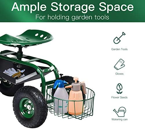 Giantex Rolling Garden Cart with Seat, 4-Wheel Gardening Workseat with Storage Basket, Swivel Stool Adjustable Seat, Steering Handle