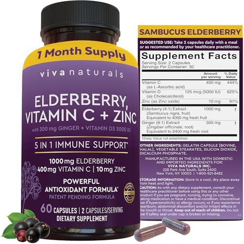 Viva Naturals Elderberry with Vitamin C and Zinc for Adults - 5 in 1 Sambucus Black Elderberry Capsules with Vitamin D3 5000 IU Immunity Supplement