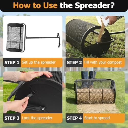 Compost Spreader 24in Peat Moss Spreader - U Shaped Comfortable Handle & Adjustable Height Powder-Coated Metal Mesh Hand Fertilizer Spreader for