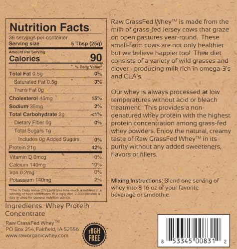 Raw Grass Fed Whey Protein Powder, Unflavored – 1 Ingredient, No Additives or Fillers, Undenatured, Made in USA, 5 lb