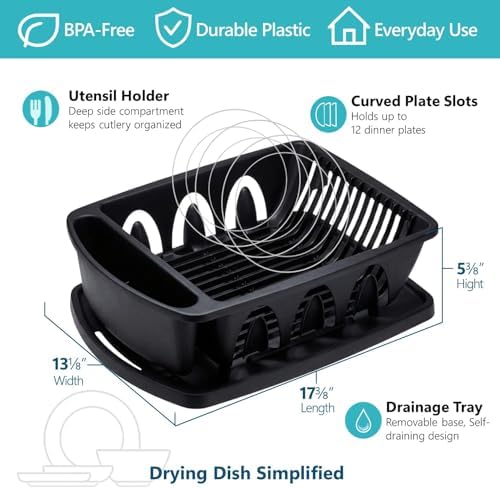 Tribello Sink Dish Drying Rack, Heavy Duty Hard Plastic Drying Rack, Dish Drainer for Kitchen Counter with Drainboard Set