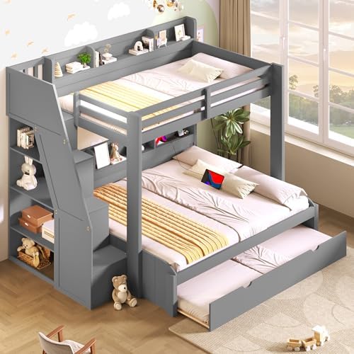 Bellemave Full Over Full Bunk Beds with Stairs Stairway Bunk Bed Frame with Storage Shelves for Teens Adult, Detachable Wood Full Bunk Bed, Gray