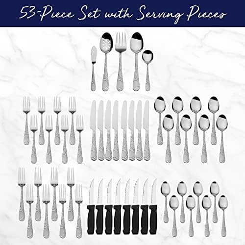 Pfaltzgraff Frost 53-Piece Flatware Set, 18/0 Stainless Steel Silverware Set for 8 with Steak Knives, Serving Pieces, Dishwasher Safe