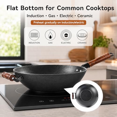 WANGYUANJI 12.6 Inch Cast Iron Wok with Wooden Lid, Handcrafted Flat Bottom Chinese Stir Fry Pan, Uncoated Heavy-Duty Iron Wok for Induction, Gas