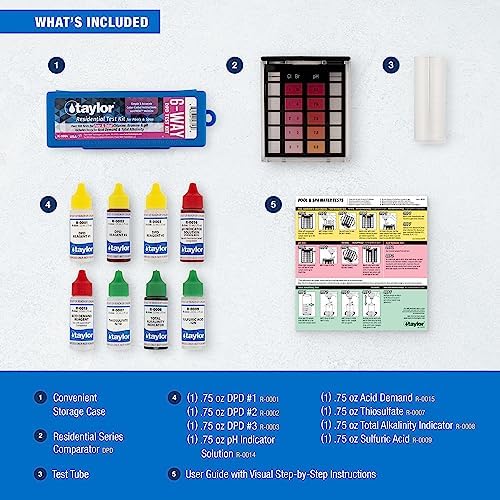 Taylor K-1004 DPD, 6-in-1 Pool Test Kit for for Free & Total Chlorine, Bromine, pH, Acid Demand, Total Alkalinity, 100+ Tests
