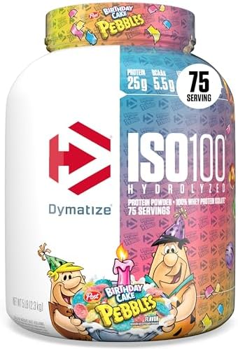 Dymatize ISO100 Protein Powder, 100% Whey Isolate, Birthday Cake | 25g Protein, Hydrolyzed, Fast-Absorbing, Supports Muscle Health, 5.5g BCAAs, Gluten-Free, 75 Servings, 5 lb