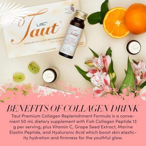 TAUT Liquid Collagen for Women – 13,000mg Marine Collagen Drink with Hyaluronic Acid, Grape Seed & Elastin – Visible Skin, Hair & Joint Support – 1 Box (8 Bottles Each)