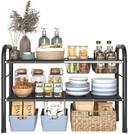 Expandable Under Sink Organizer, 2 Tier Under Sink Shelf | With 2 Removable Baskets and 6 Removable Panels