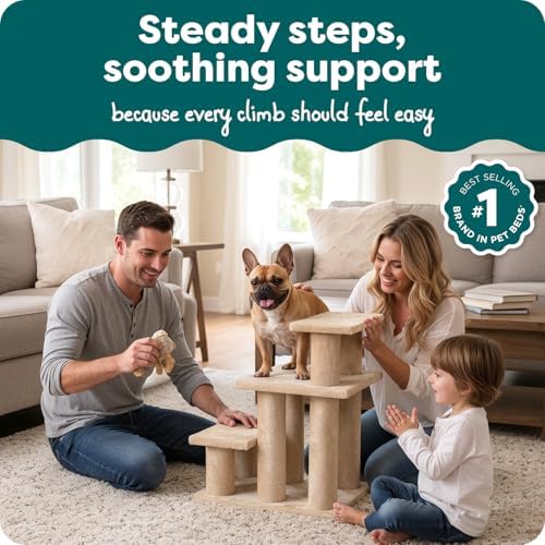 Furhaven Steady Paws Multi-Step Pet Stairs for High Beds & Sofas - Cream, 3-Step