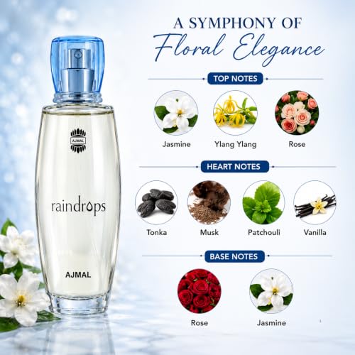 Ajmal Rain Drops EDP for Women, 1.7 fl oz / 50 ml | Fresh floral and fruity inspired by ocean breeze. Long-lasting and ideal for everyday elegance.