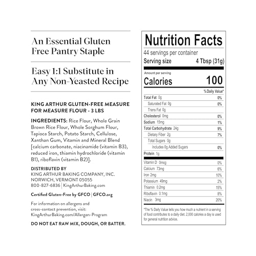 King Arthur Measure for Measure Gluten-Free Flour: All-Purpose 1:1 Substitute for Wheat Flour, Non-GMO, Kosher Certified, 3 lbs Bag for Baking Cookies, Cakes, Muffins