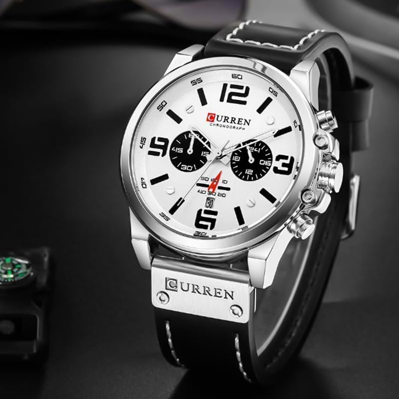FANMIS Mens Classic Analog Quartz Chronograph Sandwich Dial Leather Watch