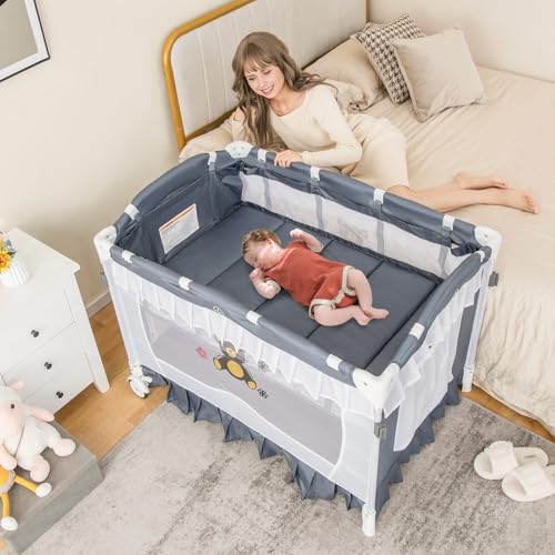HONEY JOY 4-in-1 Pack and Play with Canopy, Portable Baby Playard w/Changing Table and Infant Bassinet Cute Toys & Music