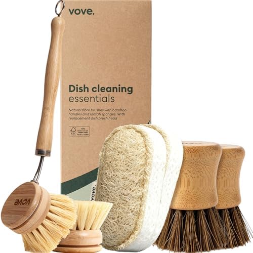 Vove Bamboo Dish Scrub Brush Set 3-Pack, 2 Hard and 1 Medium Brushes