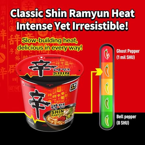 Nongshim Shin Ramyun Cup of Noodles, Spicy Signature Korean Instant Ramyun, Rich Beef Flavored Broth, Quick and Easy, Microwaveable Cup