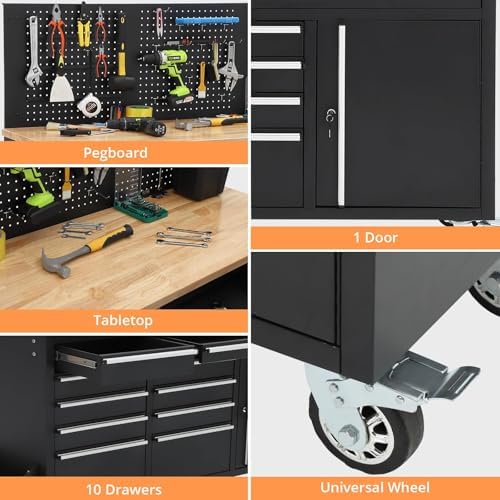 61-Inch Rolling Tool Chest with 10 Drawers & Power Strip, Solid Rubber Wood Top, 1675 LBS Load Heavy Duty Mobile Workstation, Locking System and Drawer Liners for Garage Warehouse Shop, Black