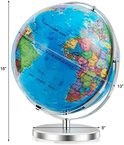 Goplus 13" Large World Globe with Stand, 720° Rotating Illuminated Globe with LED Lights, Metal Base, Desktop Geographic Globe for Home Office